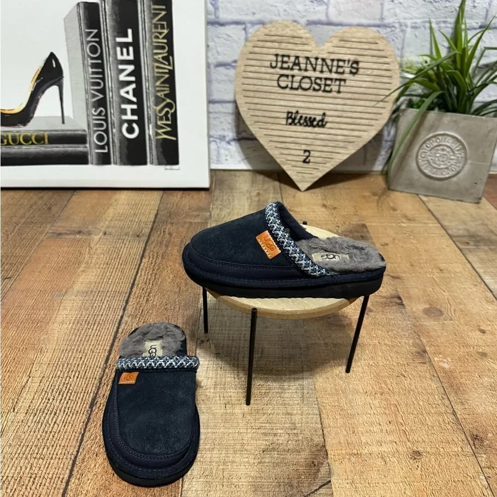 Ugg Tasman II Youth Navy Blue Suede Mule Moccasin Shearling Footbed 10